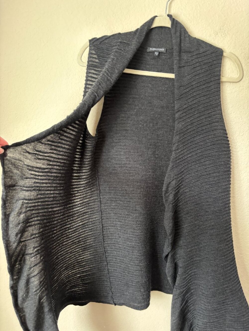 Eileen Fisher Merino Wool Ribbed Ruffle Waterfall Front Knit Vest - Picture 12 of 12